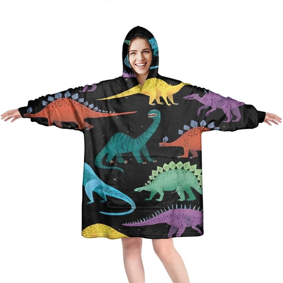 Wearable Oversized Blanket,Colorful Dinosaurs Galaxy Pattern Wearable Blanket Hoodie for Adults,Cozy Hooded Blankets with Super Pockets,Super Warm Fuzzy Pullover for Women & Men