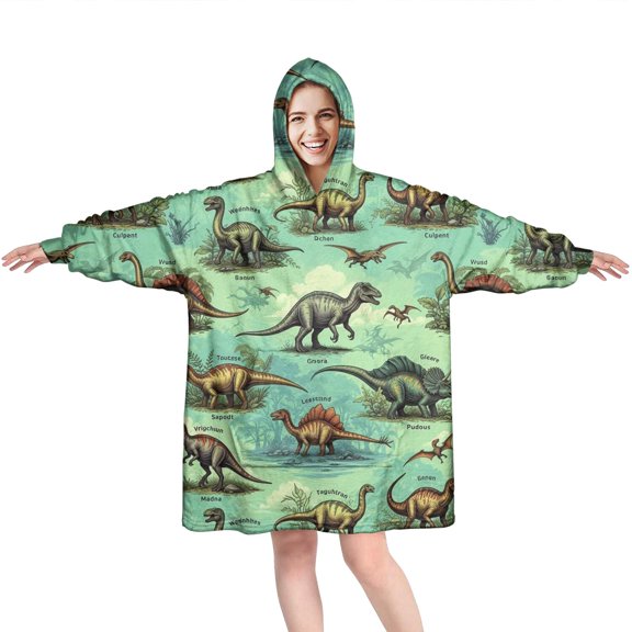 Wearable Oversized Blanket,Colorful Dinosaurs Scientific Name Pattern Wearable Blanket Hoodie for Adults,Cozy Hooded Blankets with Super Pockets,Super Warm Fuzzy Pullover for Women & Men