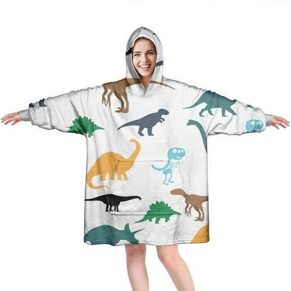 Wearable Oversized Blanket,Colorful Dinosaurs Silhouettes Pattern Wearable Blanket Hoodie for Adults,Cozy Hooded Blankets with Super Pockets,Super Warm Fuzzy Pullover for Women & Men