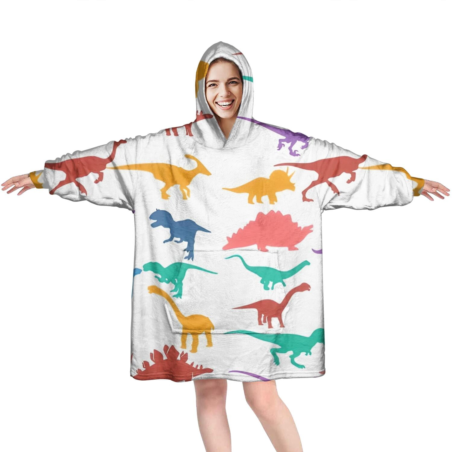 Wearable Oversized Blanket,Colorful Dinosaurs Silhouettes Pattern Wearable Blanket Hoodie for Adults,Cozy Hooded Blankets with Super Pockets,Super Warm Fuzzy Pullover for Women & Men