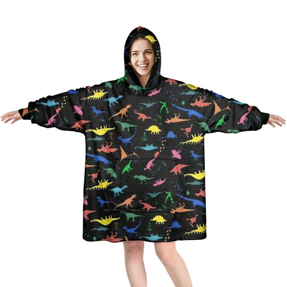Wearable Oversized Blanket,Colorful Dinosaurs Silhouettes Pattern Wearable Blanket Hoodie for Adults,Cozy Hooded Blankets with Super Pockets,Super Warm Fuzzy Pullover for Women & Men