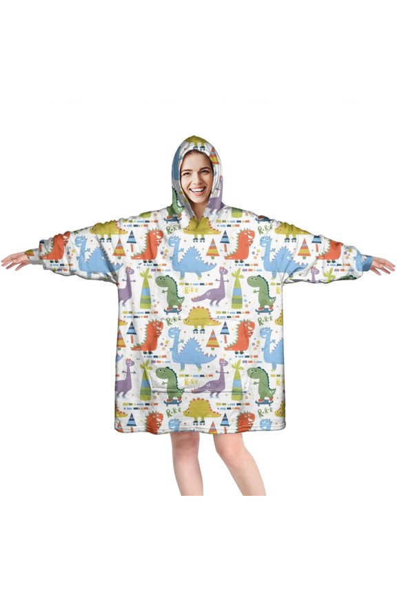 Wearable Oversized Blanket,Colorful Dinosaurs Skating Pattern Wearable Blanket Hoodie for Adults,Cozy Hooded Blankets with Super Pockets,Super Warm Fuzzy Pullover for Women & Men