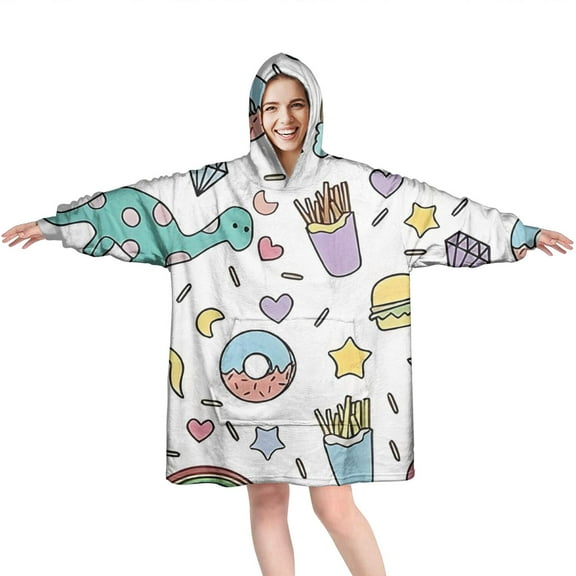Wearable Oversized Blanket,Colorful Fantasy Food Elements Pattern Wearable Blanket Hoodie for Adults,Cozy Hooded Blankets with Super Pockets,Super Warm Fuzzy Pullover for Women & Men
