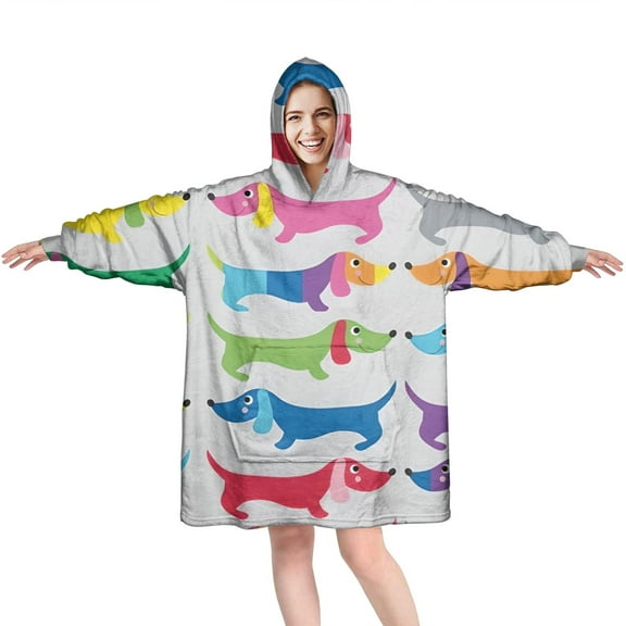 Wearable Oversized Blanket,Colorful Funny Dachshund Wearable Blanket Hoodie for Adults,Cozy Hooded Blankets with Super Pockets,Super Warm Fuzzy Pullover for Women & Men