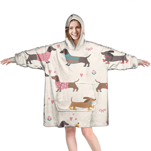 Wearable Oversized Blanket,Colorful Funny Dachshund Wearable Blanket Hoodie for Adults,Cozy Hooded Blankets with Super Pockets,Super Warm Fuzzy Pullover for Women & Men