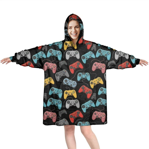 Wearable Oversized Blanket,Colorful Games Device Dark Pattern Wearable Blanket Hoodie for Adults,Cozy Hooded Blankets with Super Pockets,Super Warm Fuzzy Pullover for Women & Men