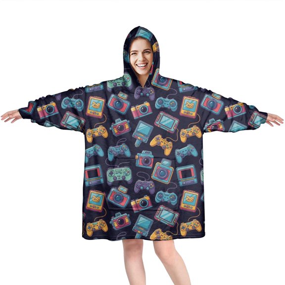 Wearable Oversized Blanket,Colorful Games Device Dark Pattern Wearable Blanket Hoodie for Adults,Cozy Hooded Blankets with Super Pockets,Super Warm Fuzzy Pullover for Women & Men