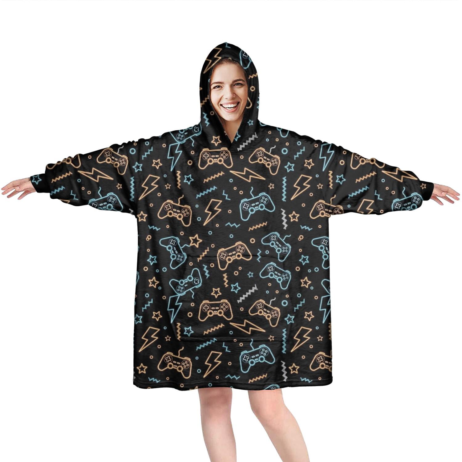 Wearable Oversized Blanket,Colorful Games Element Black Pattern Wearable Blanket Hoodie for Adults,Cozy Hooded Blankets with Super Pockets,Super Warm Fuzzy Pullover for Women & Men