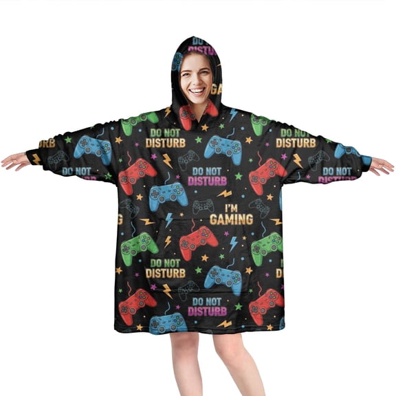 Wearable Oversized Blanket,Colorful Games Sign Black Pattern Wearable Blanket Hoodie for Adults,Cozy Hooded Blankets with Super Pockets,Super Warm Fuzzy Pullover for Women & Men