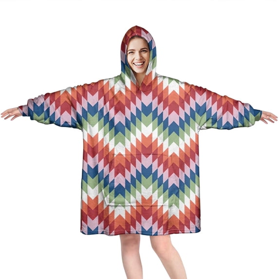 Wearable Oversized Blanket,Colorful Geometric Chevron Pattern Wearable Blanket Hoodie for Adults,Cozy Hooded Blankets with Super Pockets,Super Warm Fuzzy Pullover for Women & Men