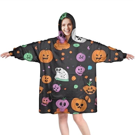 Wearable Oversized Blanket,Colorful Halloween Icons Pattern Wearable Blanket Hoodie for Adults,Cozy Hooded Blankets with Super Pockets,Super Warm Fuzzy Pullover for Women & Men
