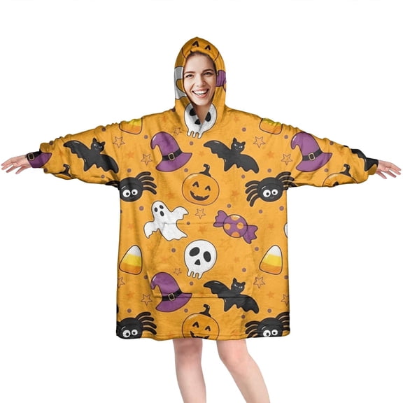 Wearable Oversized Blanket,Colorful Halloween Pattern Wearable Blanket Hoodie for Adults,Cozy Hooded Blankets with Super Pockets,Super Warm Fuzzy Pullover for Women & Men