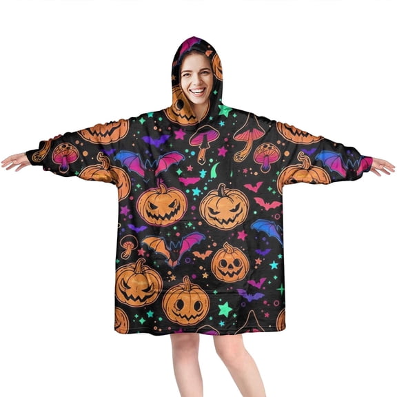 Wearable Oversized Blanket,Colorful Halloween Pattern Wearable Blanket Hoodie for Adults,Cozy Hooded Blankets with Super Pockets,Super Warm Fuzzy Pullover for Women & Men
