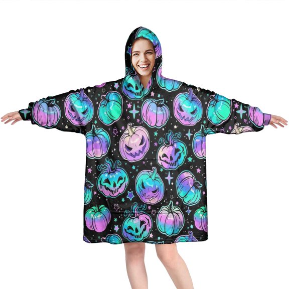 Wearable Oversized Blanket,Colorful Halloween Pumpkins Pattern Wearable Blanket Hoodie for Adults,Cozy Hooded Blankets with Super Pockets,Super Warm Fuzzy Pullover for Women & Men