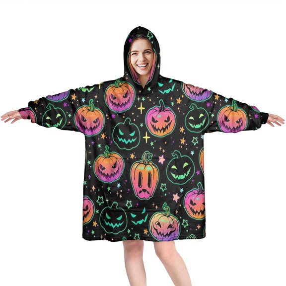 Wearable Oversized Blanket,Colorful Halloween Pumpkins Wearable Blanket Hoodie for Adults,Cozy Hooded Blankets with Super Pockets,Super Warm Fuzzy Pullover for Women & Men