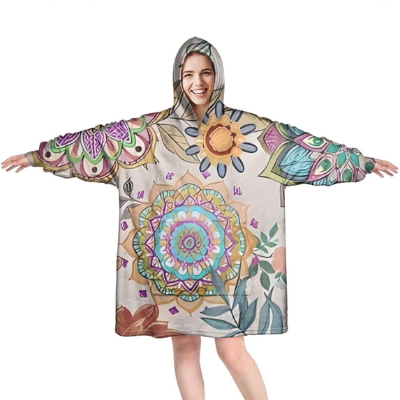 Wearable Oversized Blanket,Colorful Mandala Pioneer Flower Pattern Wearable Blanket Hoodie for Adults,Cozy Hooded Blankets with Super Pockets,Super Warm Fuzzy Pullover for Women & Men