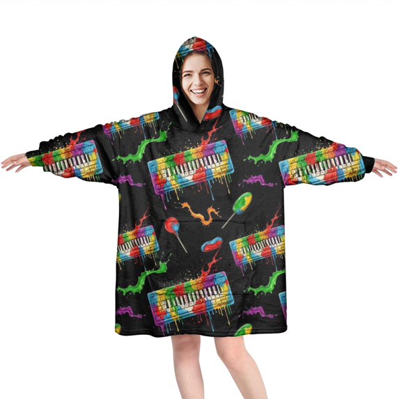 Wearable Oversized Blanket,Colorful Music Keyboard Black Pattern Wearable Blanket Hoodie for Adults,Cozy Hooded Blankets with Super Pockets,Super Warm Fuzzy Pullover for Women & Men