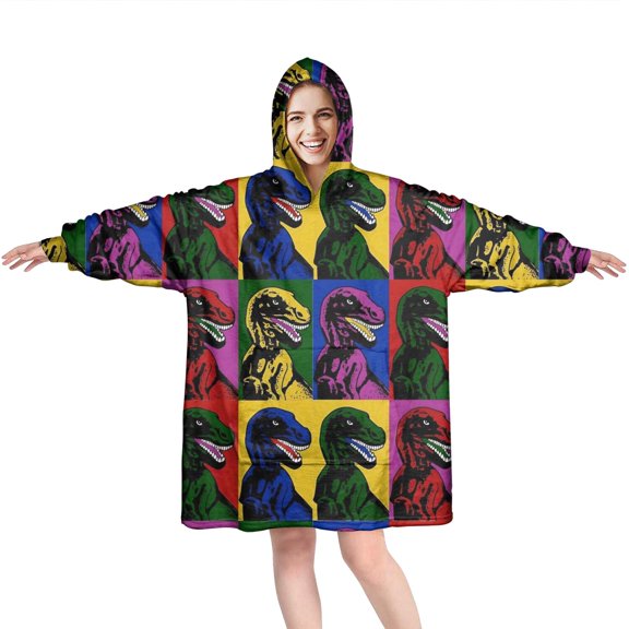 Wearable Oversized Blanket,Colorful PopArt Dinosaurs Pattern Wearable Blanket Hoodie for Adults,Cozy Hooded Blankets with Super Pockets,Super Warm Fuzzy Pullover for Women & Men