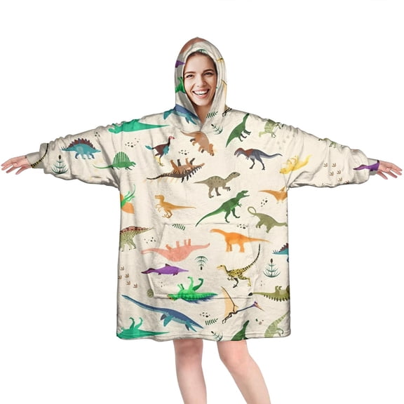 Wearable Oversized Blanket,Colorful Realistic Dinosaurs Plants Pattern Wearable Blanket Hoodie for Adults,Cozy Hooded Blankets with Super Pockets,Super Warm Fuzzy Pullover for Women & Men