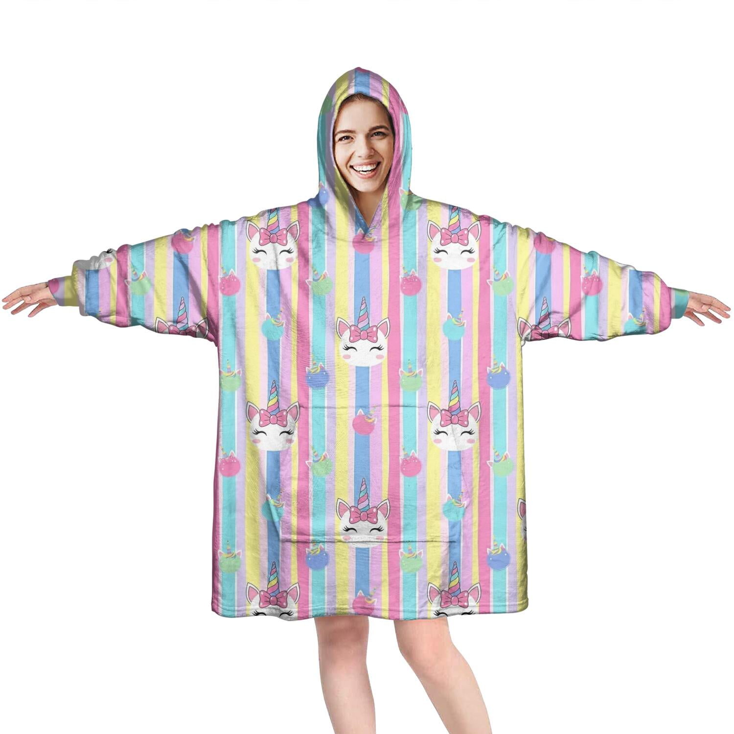 Wearable Oversized Blanket,Colorful Striped Cartoon Unicorn Pattern Wearable Blanket Hoodie for Adults,Cozy Hooded Blankets with Super Pockets,Super Warm Fuzzy Pullover for Women & Men