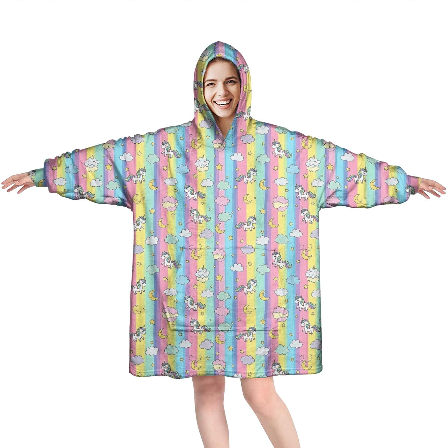 Wearable Oversized Blanket,Colorful Striped Cartoon Unicorn Pattern Wearable Blanket Hoodie for Adults,Cozy Hooded Blankets with Super Pockets,Super Warm Fuzzy Pullover for Women & Men