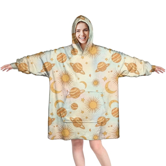 Wearable Oversized Blanket,Colorful Sun Moon Star Planet Pattern Wearable Blanket Hoodie for Adults,Cozy Hooded Blankets with Super Pockets,Super Warm Fuzzy Pullover for Women & Men