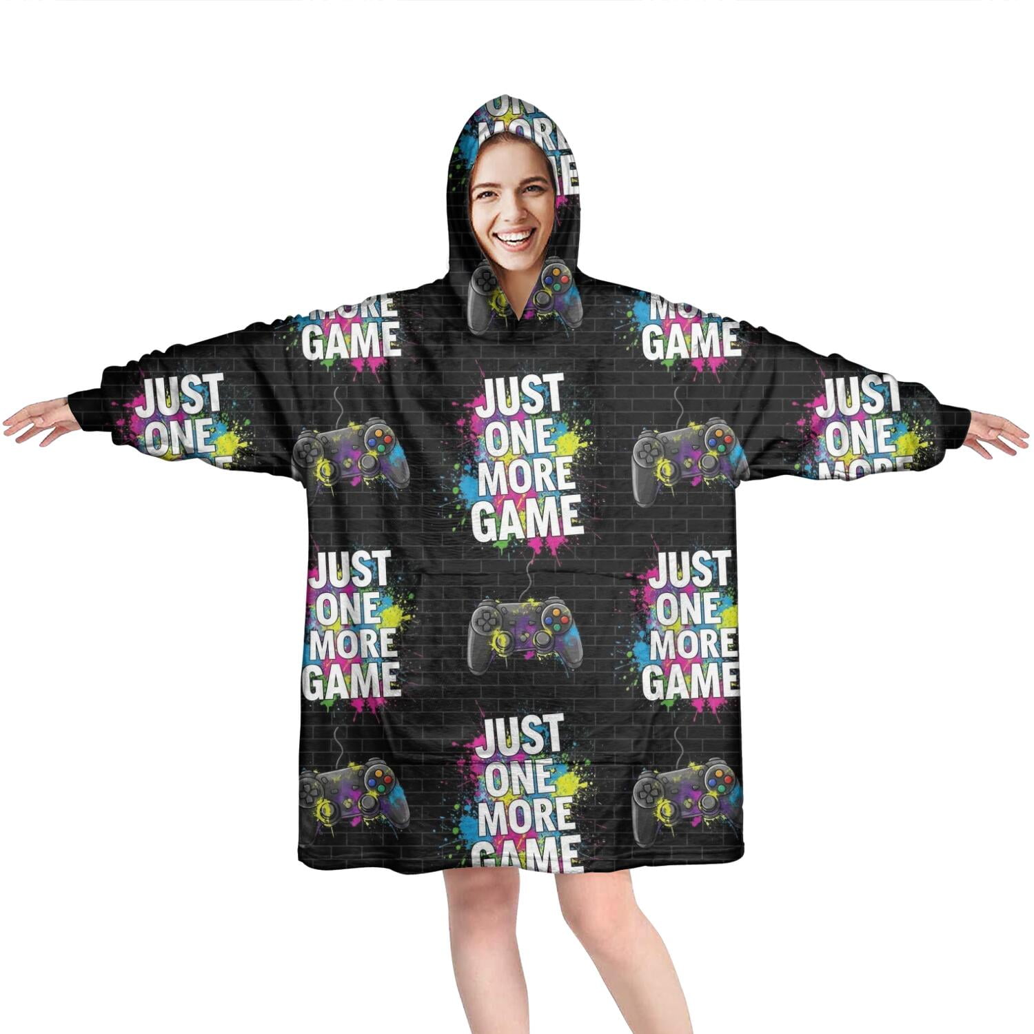 Wearable Oversized Blanket,Colorful Text Games Black Pattern Wearable Blanket Hoodie for Adults,Cozy Hooded Blankets with Super Pockets,Super Warm Fuzzy Pullover for Women & Men