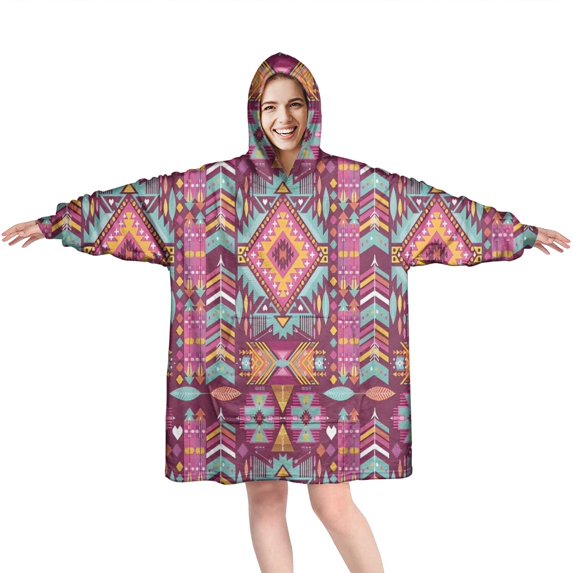 Wearable Oversized Blanket,Colorful Tribal Pattern Wearable Blanket Hoodie for Adults,Cozy Hooded Blankets with Super Pockets,Super Warm Fuzzy Pullover for Women & Men