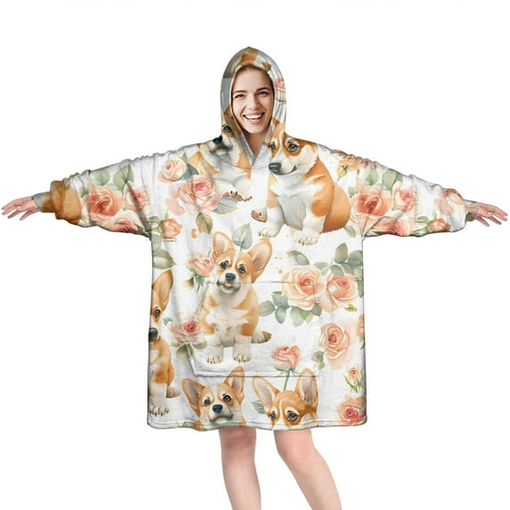 Wearable Oversized Blanket,Corgi Dog and Flower Florals Wearable Blanket Hoodie for Adults,Cozy Hooded Blankets with Super Pockets,Super Warm Fuzzy Pullover for Women & Men