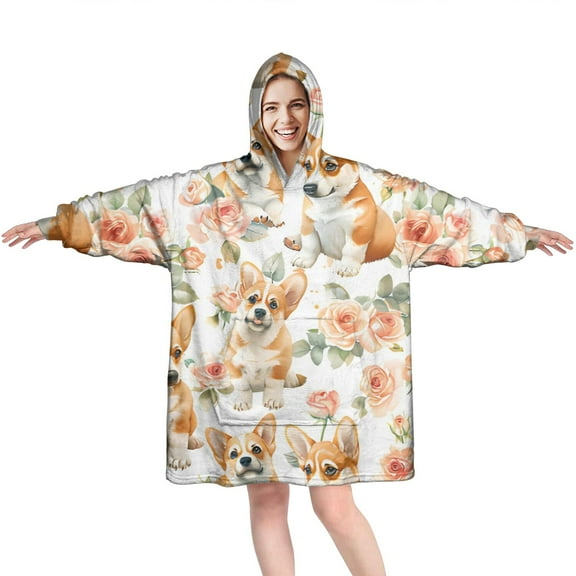 Wearable Oversized Blanket,Corgi Dog and Flower Florals Wearable Blanket Hoodie for Adults,Cozy Hooded Blankets with Super Pockets,Super Warm Fuzzy Pullover for Women & Men
