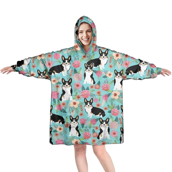 Wearable Oversized Blanket,Corgi Dog and Flowers Wearable Blanket Hoodie for Adults,Cozy Hooded Blankets with Super Pockets,Super Warm Fuzzy Pullover for Women & Men