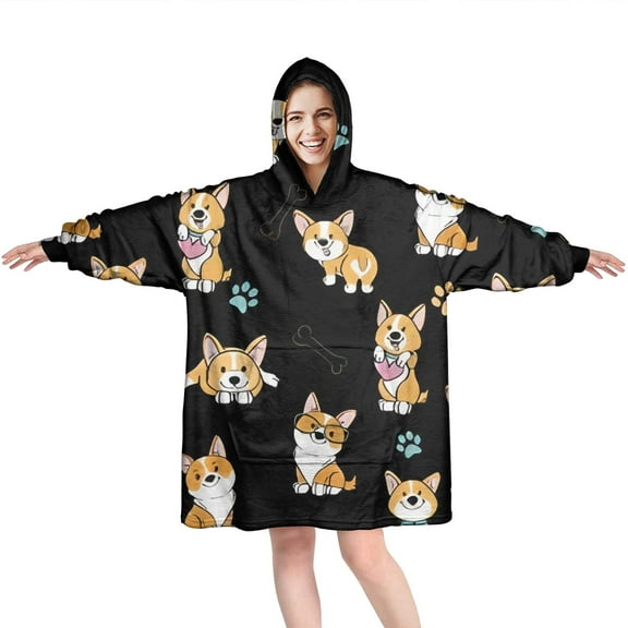 Wearable Oversized Blanket,Cute Cartoon Corgi Wearable Blanket Hoodie for Adults,Cozy Hooded Blankets with Super Pockets,Super Warm Fuzzy Pullover for Women & Men