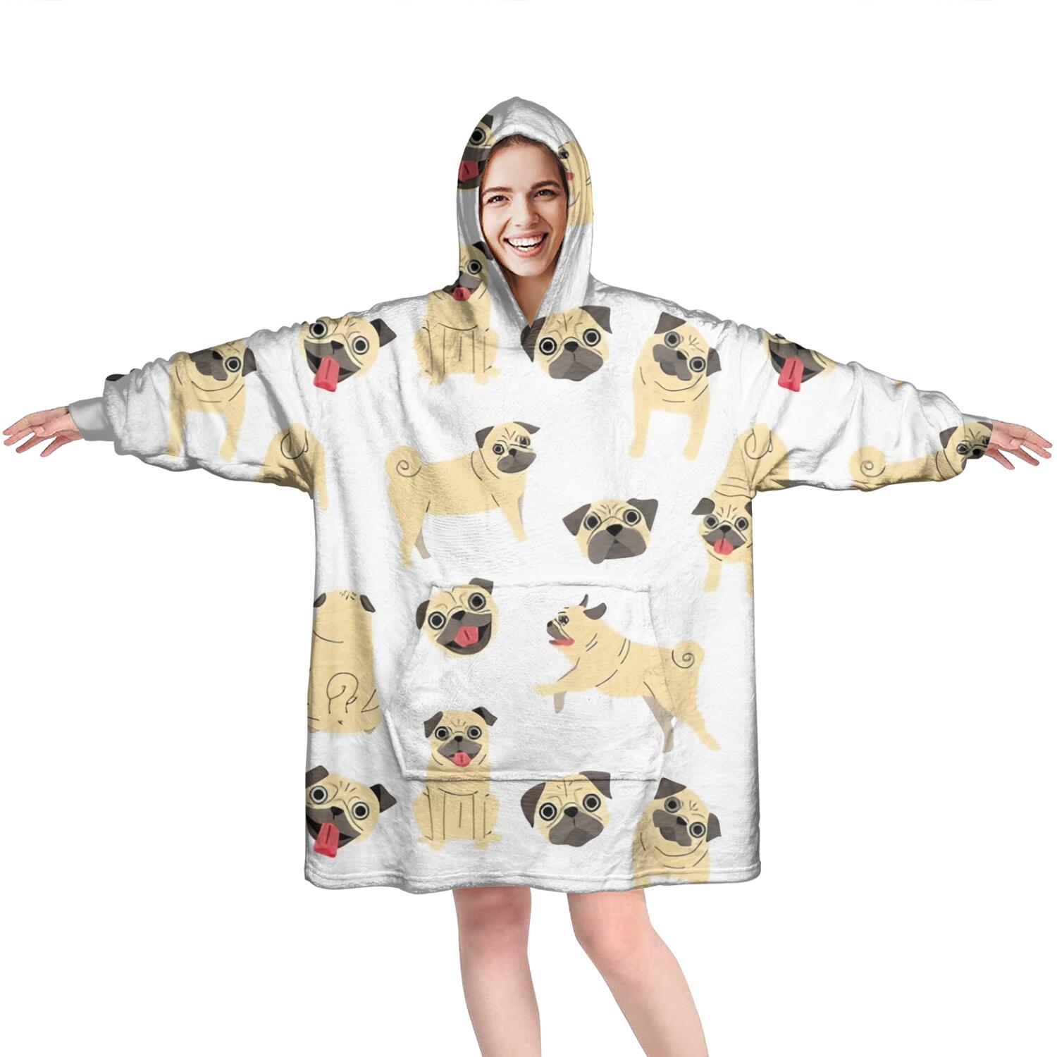 Wearable Oversized Blanket,Cute Cartoon Pug Wearable Blanket Hoodie for Adults,Cozy Hooded Blankets with Super Pockets,Super Warm Fuzzy Pullover for Women & Men