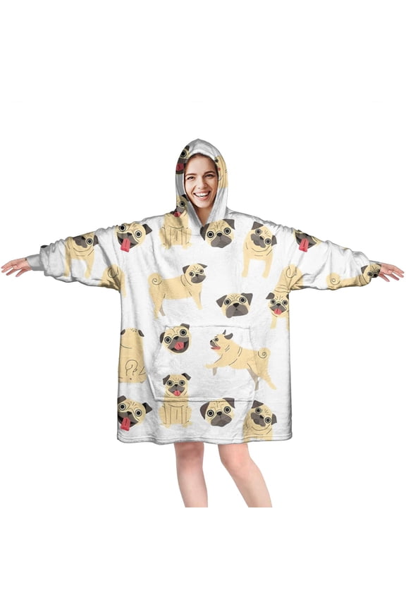 Wearable Oversized Blanket,Cute Cartoon Pug Wearable Blanket Hoodie for Adults,Cozy Hooded Blankets with Super Pockets,Super Warm Fuzzy Pullover for Women & Men