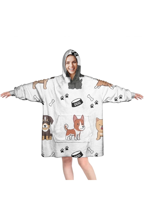 Wearable Oversized Blanket,Cute Dogs Wearable Blanket Hoodie for Adults,Cozy Hooded Blankets with Super Pockets,Super Warm Fuzzy Pullover for Women & Men
