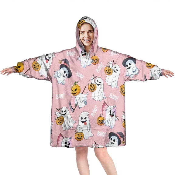 Wearable Oversized Blanket,Cute Halloween Ghost Pattern Wearable Blanket Hoodie for Adults,Cozy Hooded Blankets with Super Pockets,Super Warm Fuzzy Pullover for Women & Men