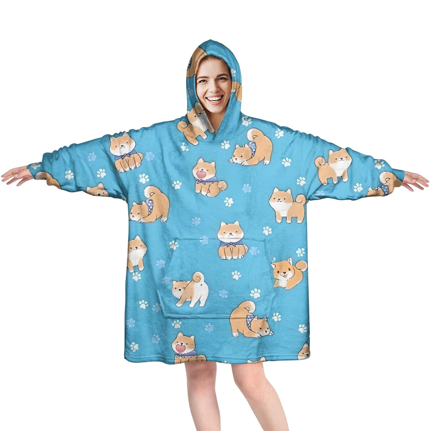 Wearable Oversized Blanket,Cute Shiba Inu Wearable Blanket Hoodie for Adults,Cozy Hooded Blankets with Super Pockets,Super Warm Fuzzy Pullover for Women & Men