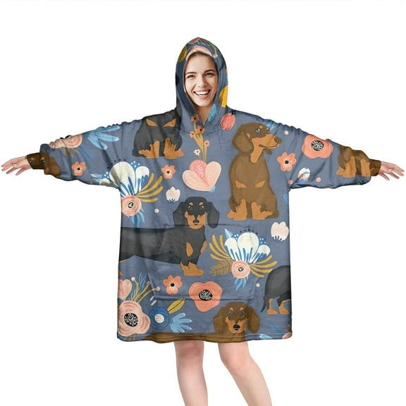 Wearable Oversized Blanket,Dachshund and Flower Wearable Blanket Hoodie for Adults,Cozy Hooded Blankets with Super Pockets,Super Warm Fuzzy Pullover for Women & Men