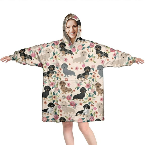 Wearable Oversized Blanket,Dachshund and Flower Wearable Blanket Hoodie for Adults,Cozy Hooded Blankets with Super Pockets,Super Warm Fuzzy Pullover for Women & Men