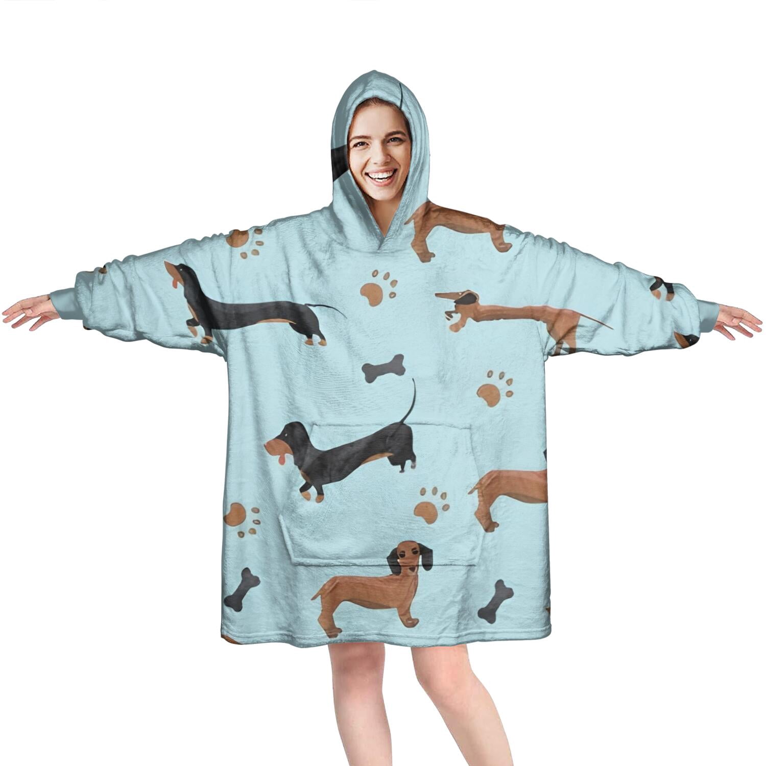 Wearable Oversized Blanket,Dachshund Footprint Bone Wearable Blanket Hoodie for Adults,Cozy Hooded Blankets with Super Pockets,Super Warm Fuzzy Pullover for Women & Men