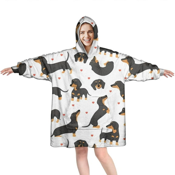 Wearable Oversized Blanket,Dachshund and Heart Wearable Blanket Hoodie for Adults,Cozy Hooded Blankets with Super Pockets,Super Warm Fuzzy Pullover for Women & Men