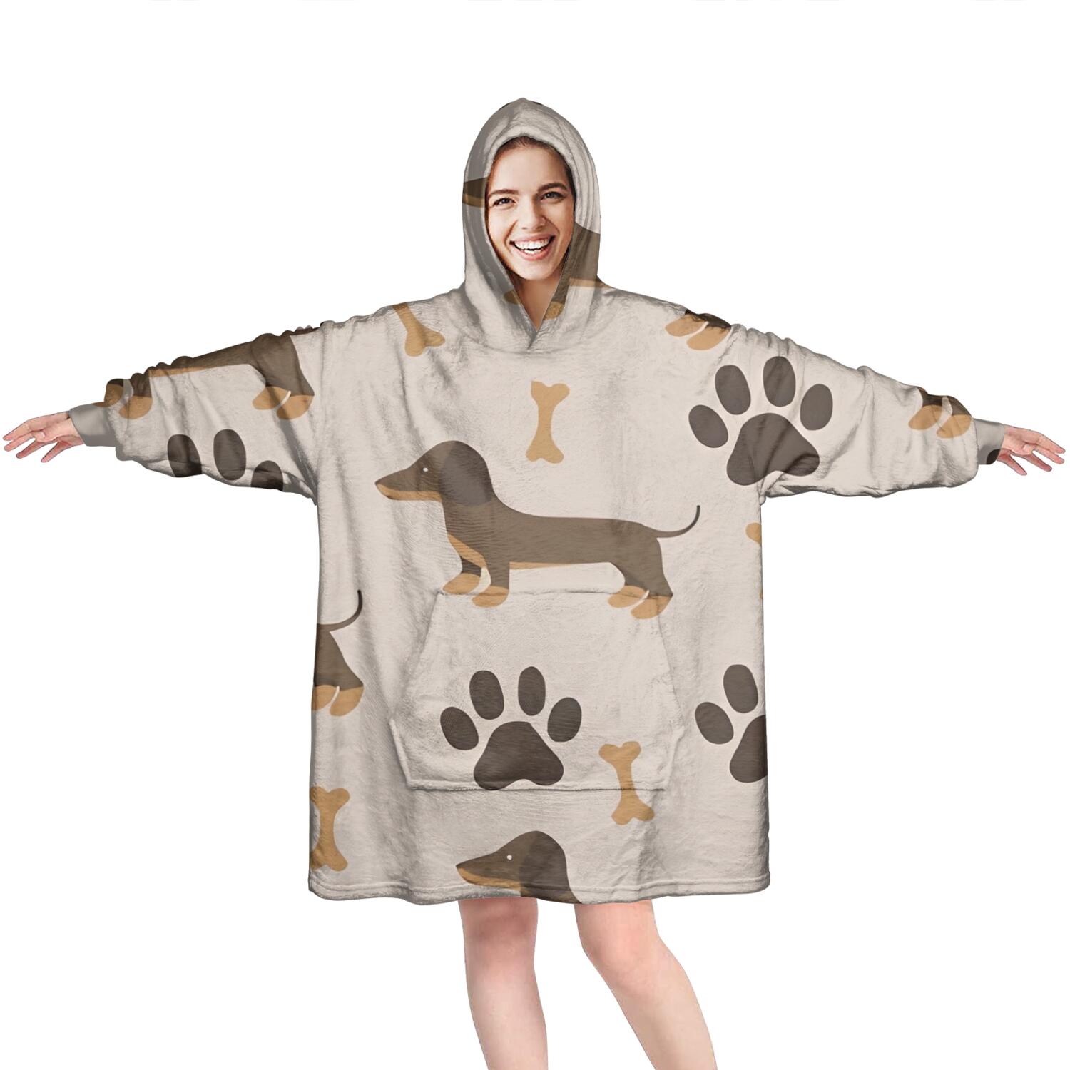 Wearable Oversized Blanket,Dachshund and Paws Wearable Blanket Hoodie for Adults,Cozy Hooded Blankets with Super Pockets,Super Warm Fuzzy Pullover for Women & Men