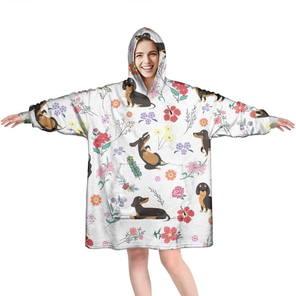 Wearable Oversized Blanket,Dachshunds with Flowers Wearable Blanket Hoodie for Adults,Cozy Hooded Blankets with Super Pockets,Super Warm Fuzzy Pullover for Women & Men