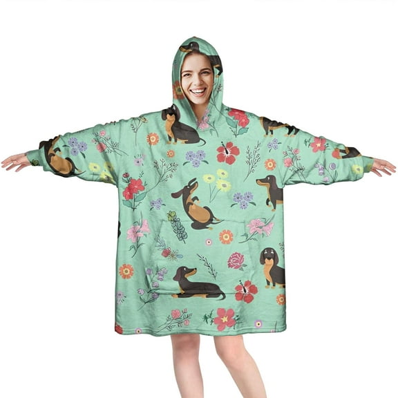 Wearable Oversized Blanket,Dachshunds and Pioneer Flower Wearable Blanket Hoodie for Adults,Cozy Hooded Blankets with Super Pockets,Super Warm Fuzzy Pullover for Women & Men