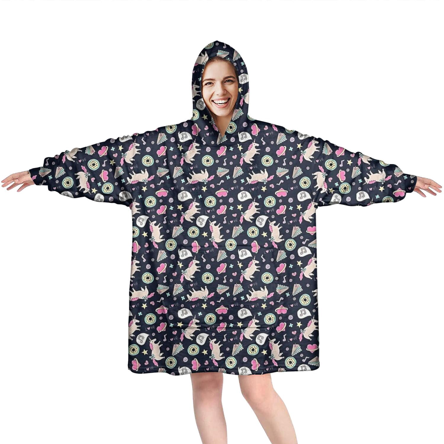 Wearable Oversized Blanket,Dark Blue Cartoon Unicorn Pattern Wearable Blanket Hoodie for Adults,Cozy Hooded Blankets with Super Pockets,Super Warm Fuzzy Pullover for Women & Men