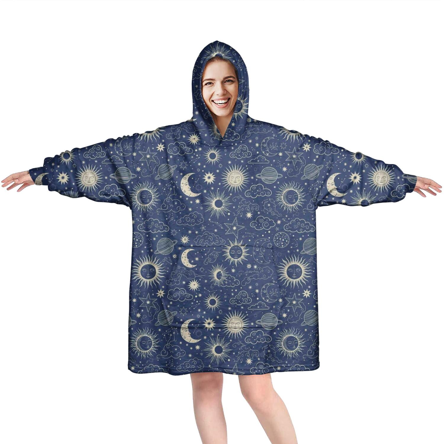 Wearable Oversized Blanket,Dark Blue Celestial Pattern Wearable Blanket Hoodie for Adults,Cozy Hooded Blankets with Super Pockets,Super Warm Fuzzy Pullover for Women & Men