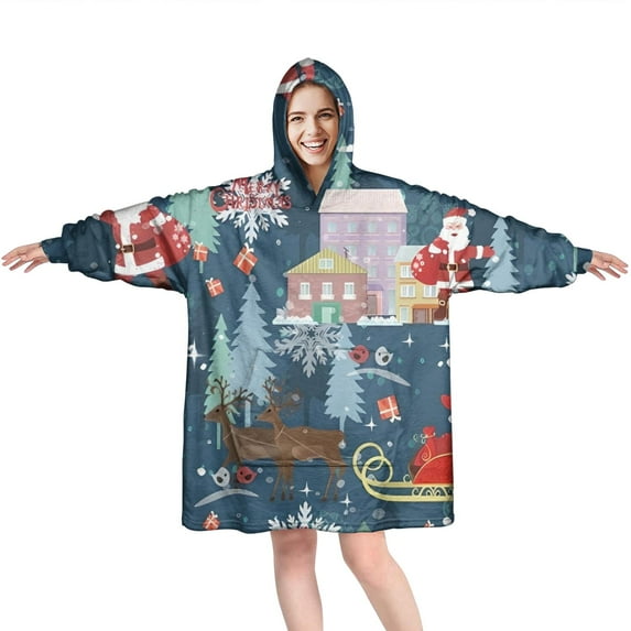 Wearable Oversized Blanket,Dark Blue Christmas Santa Pattern Wearable Blanket Hoodie for Adults,Cozy Hooded Blankets with Super Pockets,Super Warm Fuzzy Pullover for Women & Men