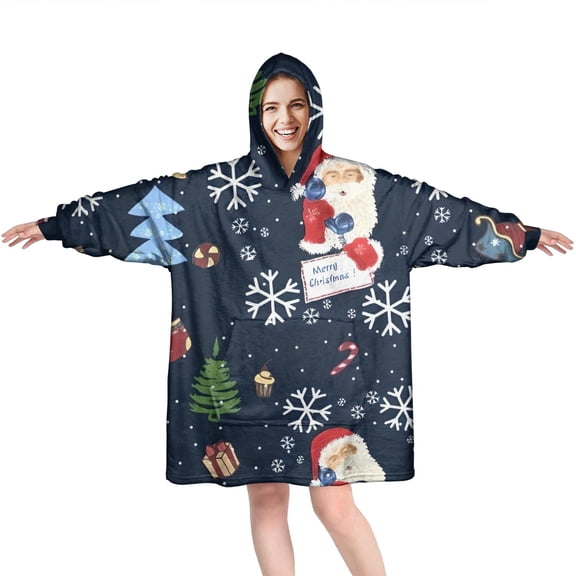 Wearable Oversized Blanket,Dark Blue Christmas Santa Pattern Wearable Blanket Hoodie for Adults,Cozy Hooded Blankets with Super Pockets,Super Warm Fuzzy Pullover for Women & Men