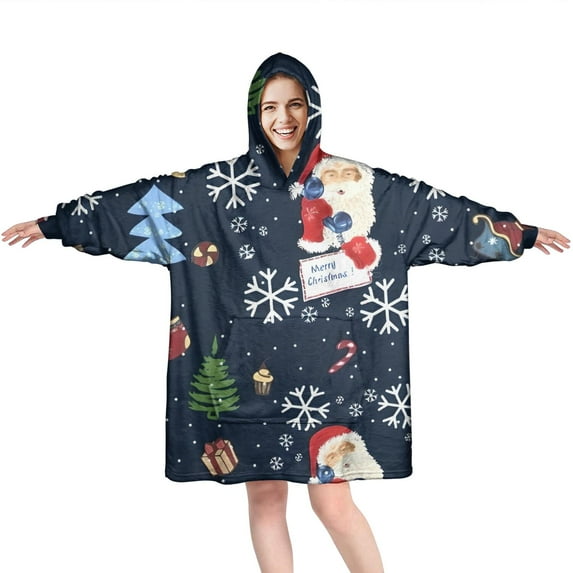 Wearable Oversized Blanket,Dark Blue Christmas Santa Pattern Wearable Blanket Hoodie for Adults,Cozy Hooded Blankets with Super Pockets,Super Warm Fuzzy Pullover for Women & Men