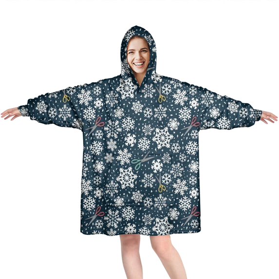 Wearable Oversized Blanket,Dark Blue Christmas Snowflake Pattern Wearable Blanket Hoodie for Adults,Cozy Hooded Blankets with Super Pockets,Super Warm Fuzzy Pullover for Women & Men